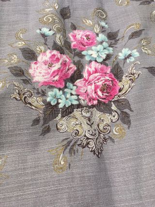Vintage Barkcloth Drapes Gray With Pink And Aqua Roses Floral