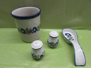 Vintage Porcelain Canister And Salt & Pepper Shakers & Spoon Set