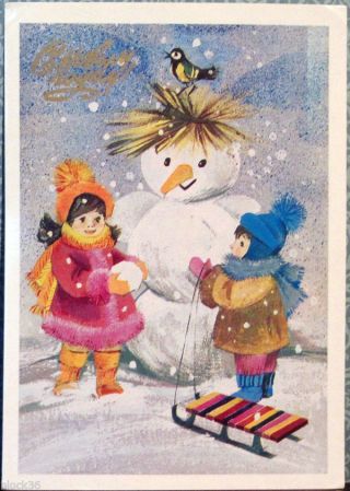 1989 Russian Year Postcard Girls Made The Snowman,  Bird Sits On The Head