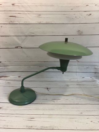 Mid Century Modern Vtg 60s Flying Saucer Ufo Industrial Metal Lamp Green