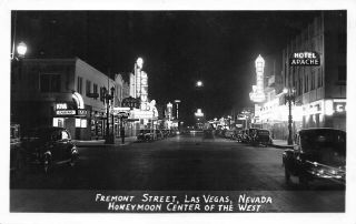 Las Vegas Fremont Street Honeymoon Center Storefronts Cars Real Photo Postcard