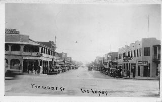 Las Vegas Fremont Street Storefronts Old Cars Real Photo Postcard