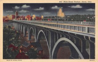 Vtg Linen Postcard Main Street North Hill Viaduct Night Akron Ohio Oh B45