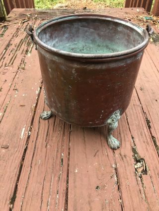 Antique Lg Copper Coal Bucket Fireplace Log Pail Kindling Brass Claw Footed Feet