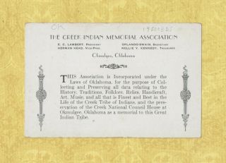 Ok Okmulgee 1901 - 29 Rare Creek Indian Memorial Assc Postcard Card Oklahoma