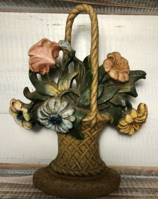 Vintage John Wright Cast Iron Doorstop Bouquet Basket Of Flowers Floral Daisy