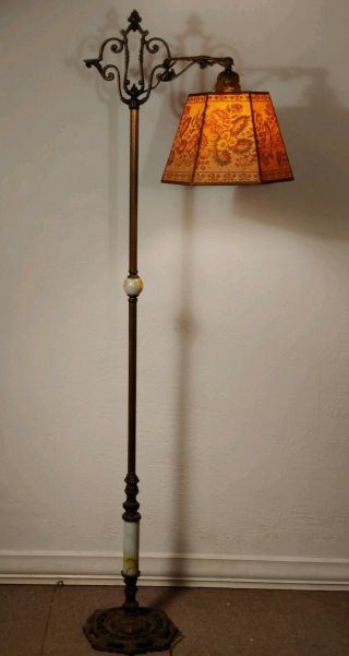 Ornate Antique Victorian Cast Floor Lamp With Bridge & Base And Alabaster