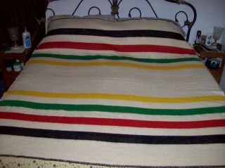 Antique Vintage Wool Hudson Bay Like Blanket Striped Camp Cream 74 X 78