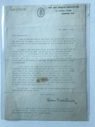 Boy Scout Official Letter Signed Baden Powell Dated On 1914