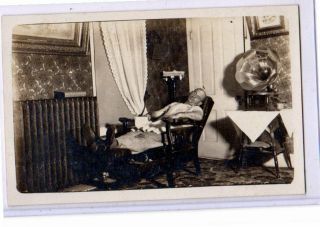 Real Photo Postcard Rppc - Man Asleep In Lounge Chair W/ Phonograph & Radiator