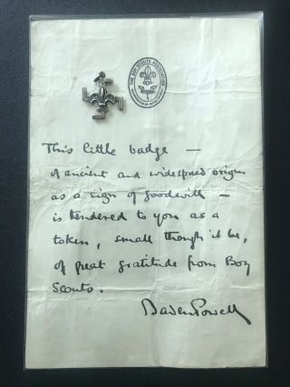 Boy Scout Official Letter And Thanks Badge Signed Baden Powell Dated On 1920