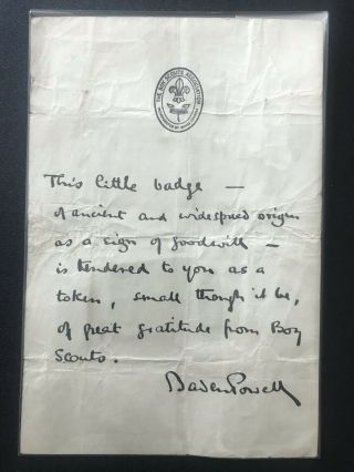 Boy Scout Official Letter And Thanks Badge Signed Baden Powell Dated On 1920 2