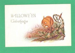 Vintage Linen Halloween Postcard Pumpkin - Head Man On Frog Fishing Gets Crab