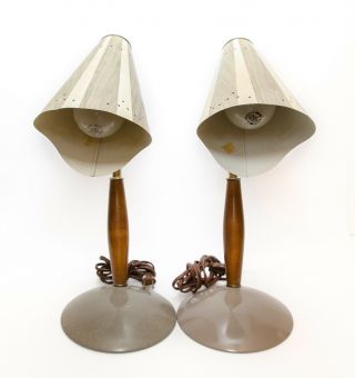 Vintage Pair Goose Neck Desk Lamp Metal Teak Wood Mid Century Pierced Cone