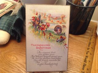 Vintage Thanksgiving Postcard Turkey On Hill By Fallen Barbed Wire Fence
