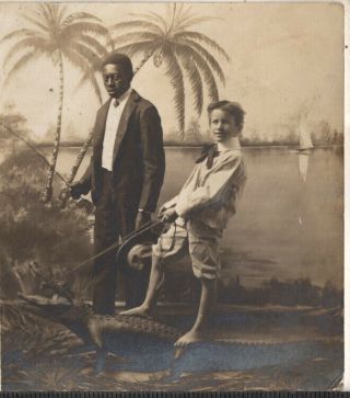 1905 Florida Souvenir Rppc Young Boy Riding Alligator With African American Man