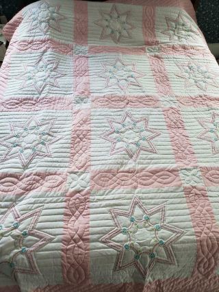 Vintage Antique Pink Hand Quilted Quilt - Size 82 " X 100 " Cross Stitched
