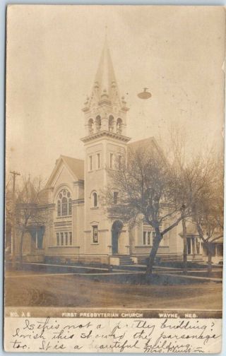Wayne,  Nebraska Rppc Photo Postcard First Presbyterian Church Street View 1907