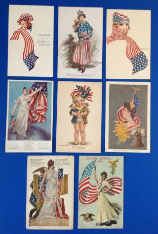 Vintage Lady Liberty Postcards (8) Most Artist Signed,  Lovely Images