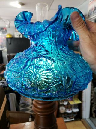 Fenton Art Glass Colonial Blue Ruffled Lamp Shade Poppy Pattern Hurricane 6.  75 "