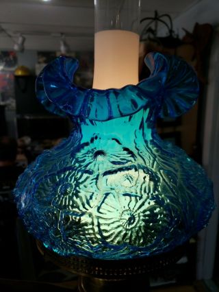 Fenton Art Glass Colonial Blue Ruffled Lamp Shade Poppy Pattern hurricane 6.  75 