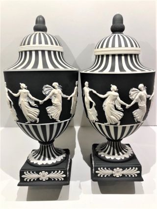 Pair (2) - Wedgwood Jasperware Black " Dancing Hours/engine Turning " Pedestal Vases