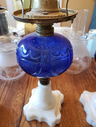 Antique 19th Century Cobalt Blue Glass Oil Lamp On A Milk Glass Base