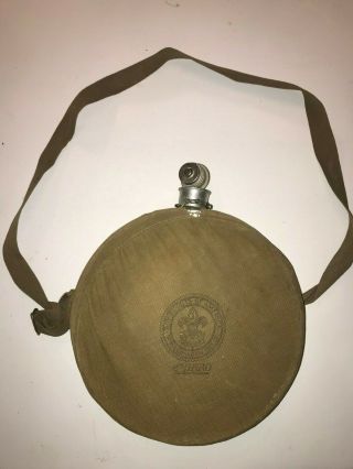 Vintage Boy Scouts Of America Mirro Canteen With Green Canvas Cover And Strap