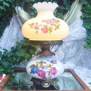 Antique Hurricane Lamp Glass Gwtw Huge 24”x14” Painted Purple Roses Blue Flowers