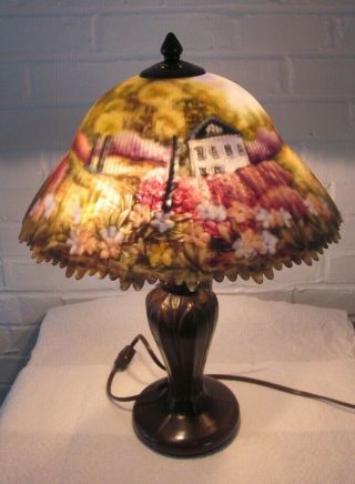 Glynda Turley Signed Art Reverse Hand Painted Glass Garden Table Lamp