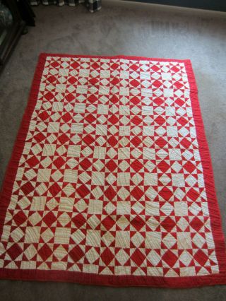 1930s Hand Stitched Red/white Ohio Star Completed Quilt Pink Back 61x76 "