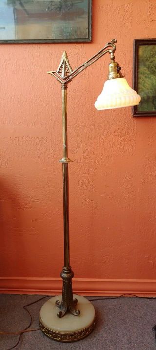 Rare Solid Brass Floor Lamp With Bridge & Marble Base.  Antique White Shade.