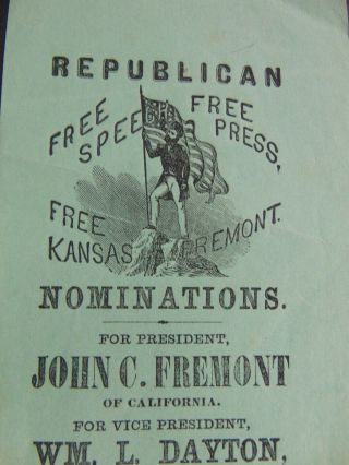 c.  1856 JOHN C.  FREEMONT FOR PRESIDENT BROADSIDE - REPUBLICAN TICKET 2