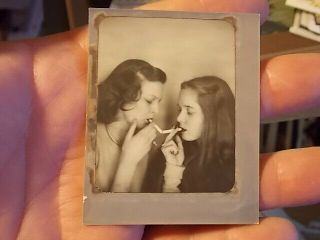 Vint Photobooth Size Photo,  2 Young Men,  Young Women Lighting Up,  Smoking