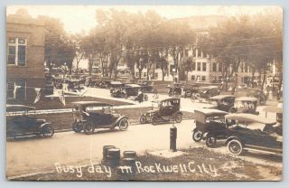 Rockwell City Iowa Busy Day Downtown Chautauqua Pennants Vintage Cars 1920 Rppc
