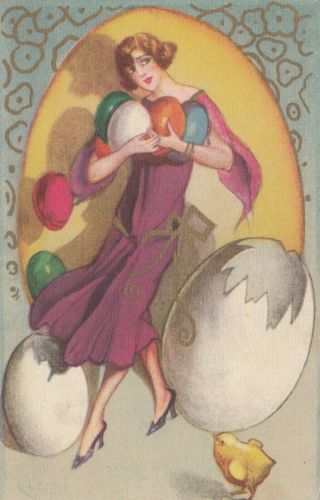 Art Deco ; Chiostri ; Girl & Giant Egg,  Easter,  1910 - 30s