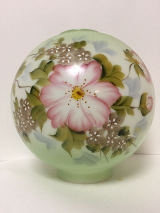 Antique Floral Gwtw Hand Painted Milk Glass Globe Shade,  4 " Fitter 9 1/2 " H & W
