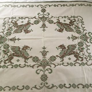 Vintage Linen Cross Stitched Tablecloth Gryphons Griffins Beige Green Brown