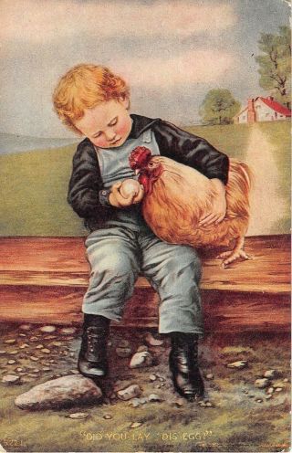Cute Little Farm Boy Showing Egg To Chicken - Did You Lay Dis Egg? - No.  5221 - Old Pc