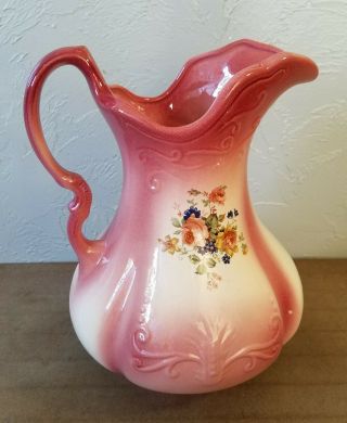 Vintage Ironstone Porcelain Pink And White With Floral Design Pitcher