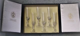 Set Of 6 Faberge Kissing Doves Flutes - 9 3/4 " Tall And Faberge Blue Velvet Case