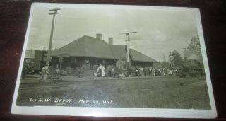 Rppc Mercer Wis.  C.  N.  & W.  Rr Depot,  Boarding Train 1911