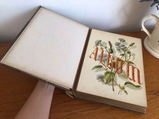 Antique Victorian Leather Bound Photograph Album & Photos Floral Pages