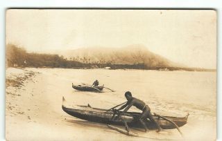 Antique Hawaii Real Photo Postcard - Native Men W Koa Outrigger Canoe At Waikiki
