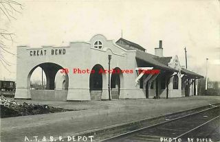 Depot,  Kansas,  Great Bend,  Rppc,  Santa Fe Railroad Station,  1913 Pm,  Piper Photo