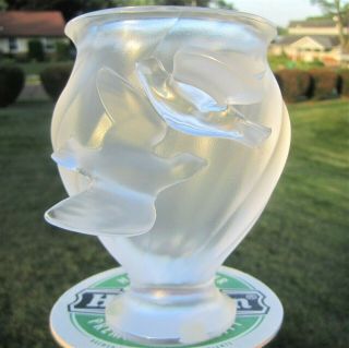 Lalique Rosine Vase Flying Dove Birds Signed Label Frosted French Crystal France