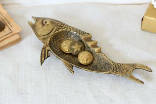Rare Vintage Large Brass Wedding Ring Holder Dish Fish Shaped Jewelry Dish Tray