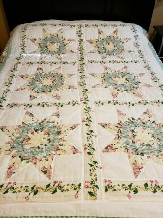 Vintage Quilt Flowers Star Patchwork Garden Squares Stitched Green Pink 67x84