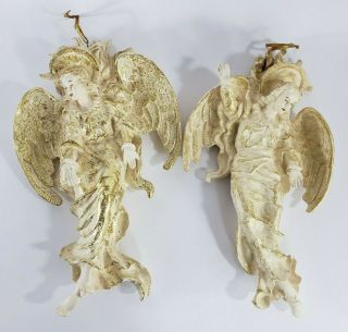 Angels Set Of 2 Hand Painted Wall Hanging Angel Plaques 7 " X11 " Gold & Ivory