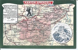 Vtg Switzerland Pc Kanton Appenzell Map & Information C1900s